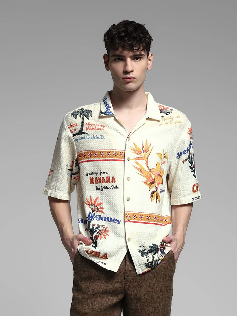 Flinky Premium Men's Tropical Vacation Printed Cuban Collar Half Sleeve Casual Shirt | Relaxed Fit | Soft Cotton Blend | Summer Resort Beach Wear