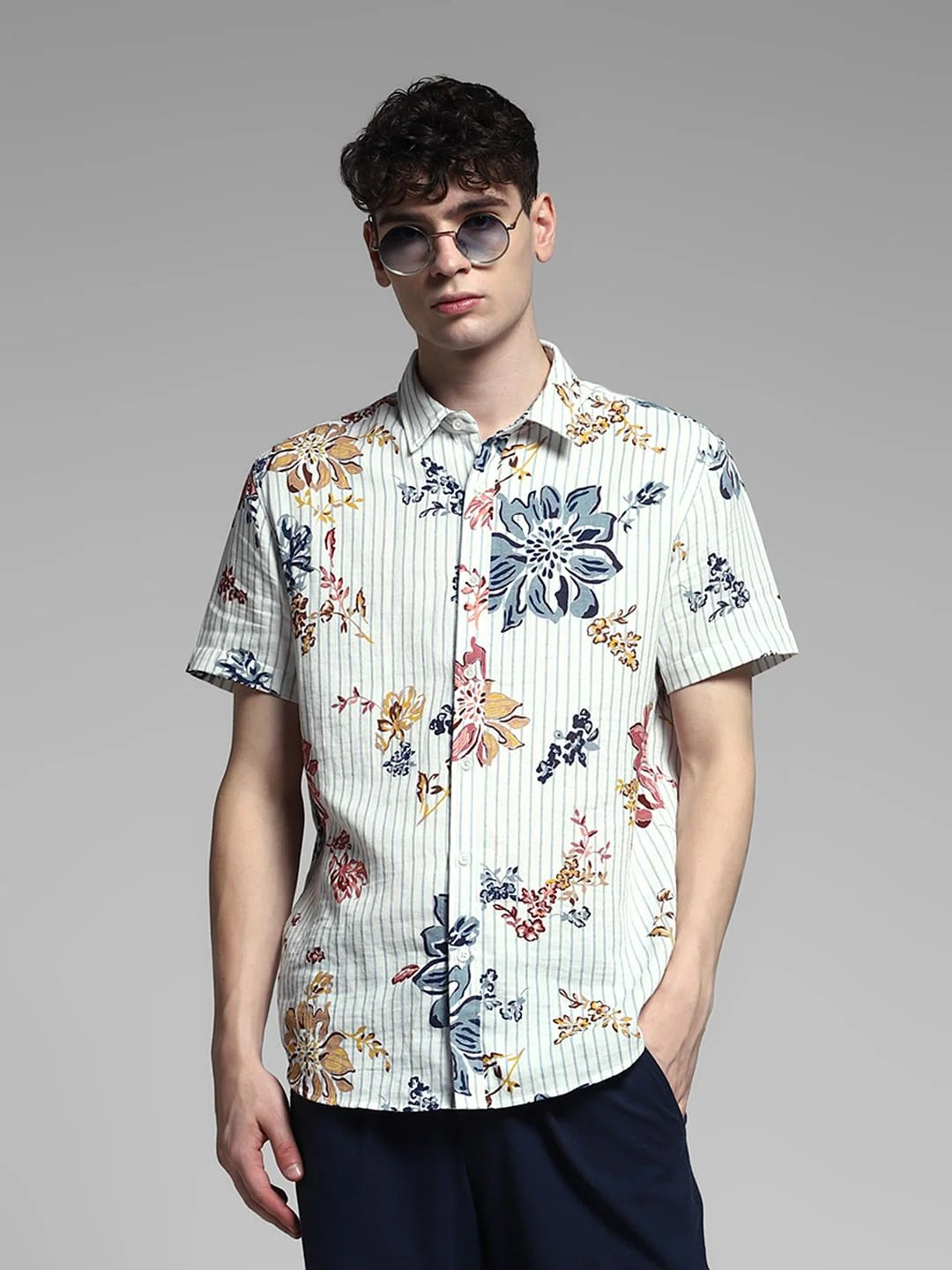 Flinky Premium Men's Floral & Striped Printed Half Sleeve Casual Shirt | Regular Fit | Soft Cotton Blend | Summer Vacation Resort Wear
