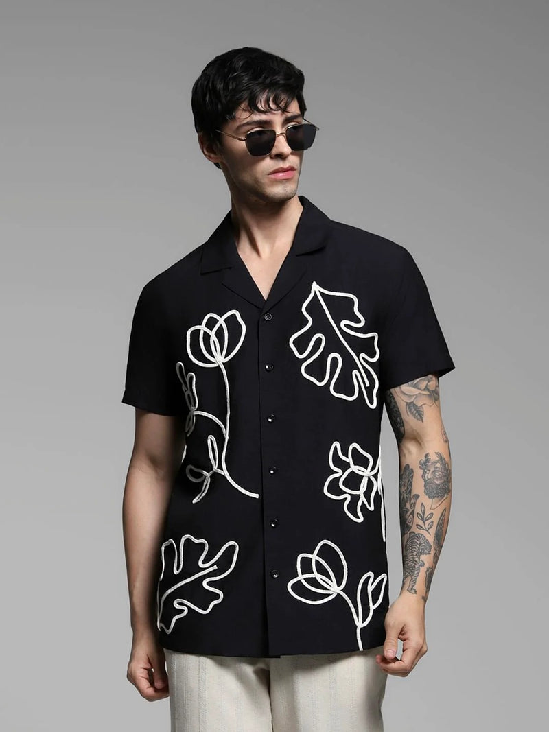 Flinky Premium Men's Minimal Abstract Floral Embroidered Cuban Collar Half Sleeve Casual Shirt | Relaxed Fit | Soft Cotton Blend | Resort & Summer Wear