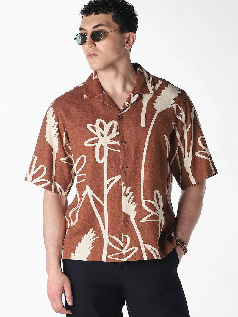 Flinky Premium Men's Abstract Floral Print Cuban Collar Half Sleeve Casual Shirt | Relaxed Fit | Soft Cotton Blend | Summer Resort & Vacation Wear