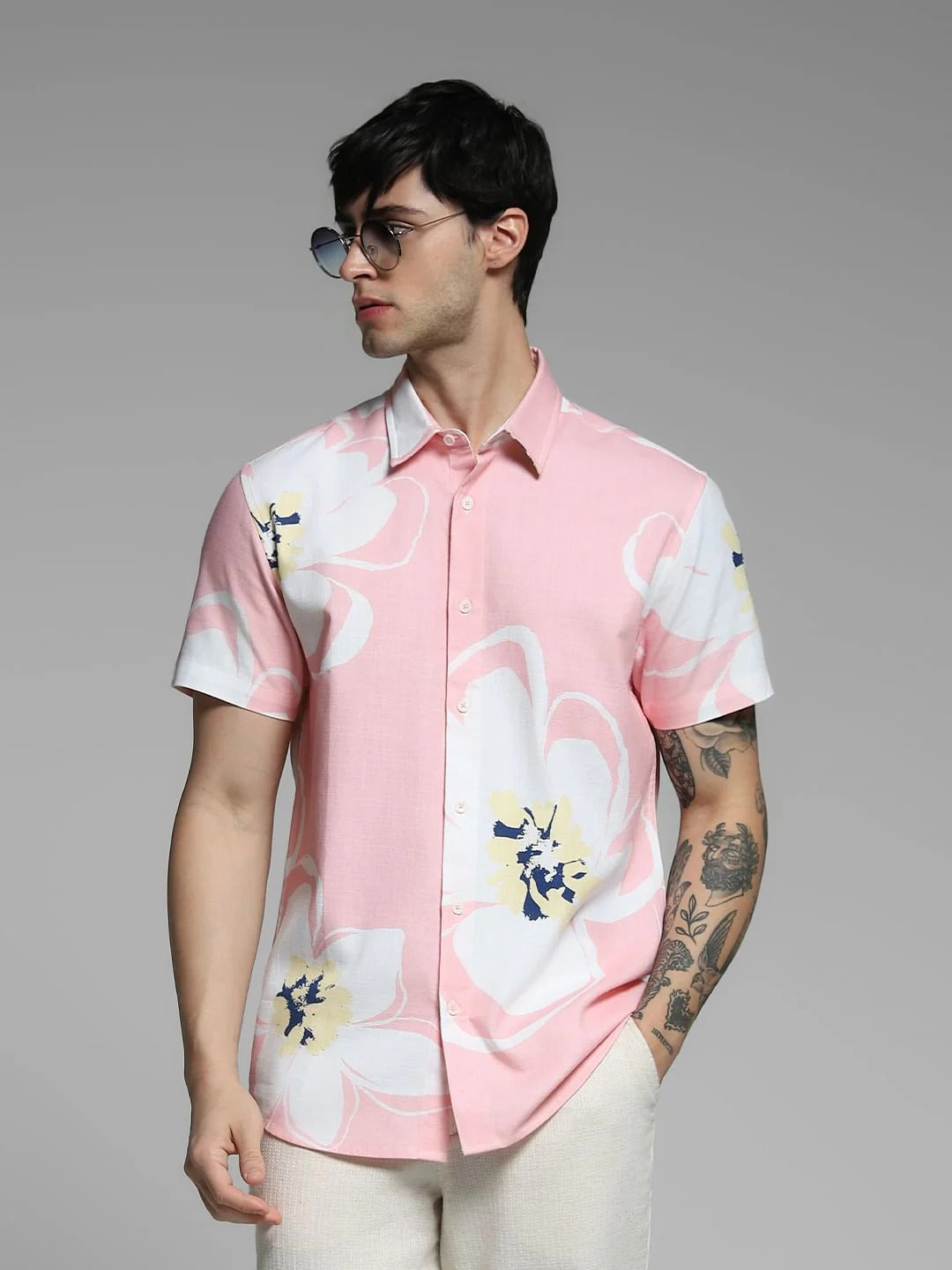 Flinky Premium Men's Tropical Floral Printed Half Sleeve Casual Shirt | Regular Fit | Soft Cotton Blend | Summer Beach Vacation Shirt