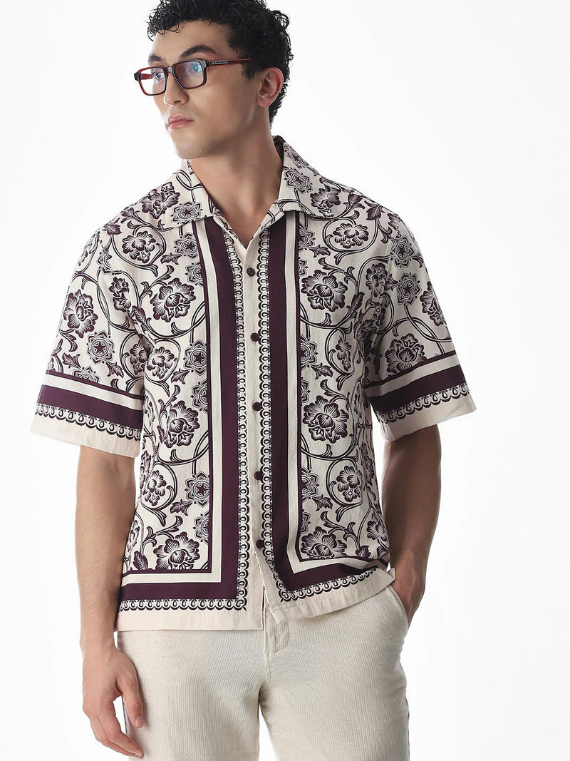 Flinky Premium Men's Vintage Floral Border Print Cuban Collar Half Sleeve Casual Shirt | Relaxed Fit | Soft Cotton Blend | Resort & Summer Wear