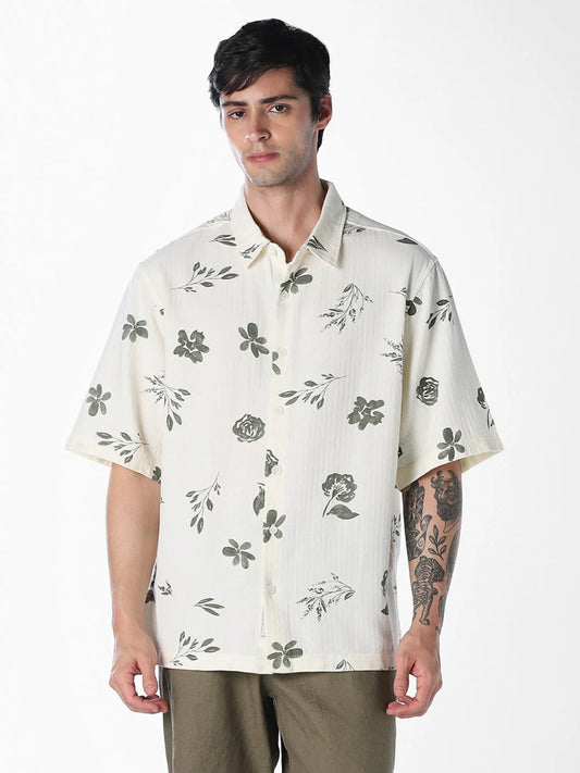 Flinky Premium Men's Minimal Floral Printed Half Sleeve Casual Shirt | Relaxed Fit | Soft Cotton Blend | Lightweight Summer Resort Wear