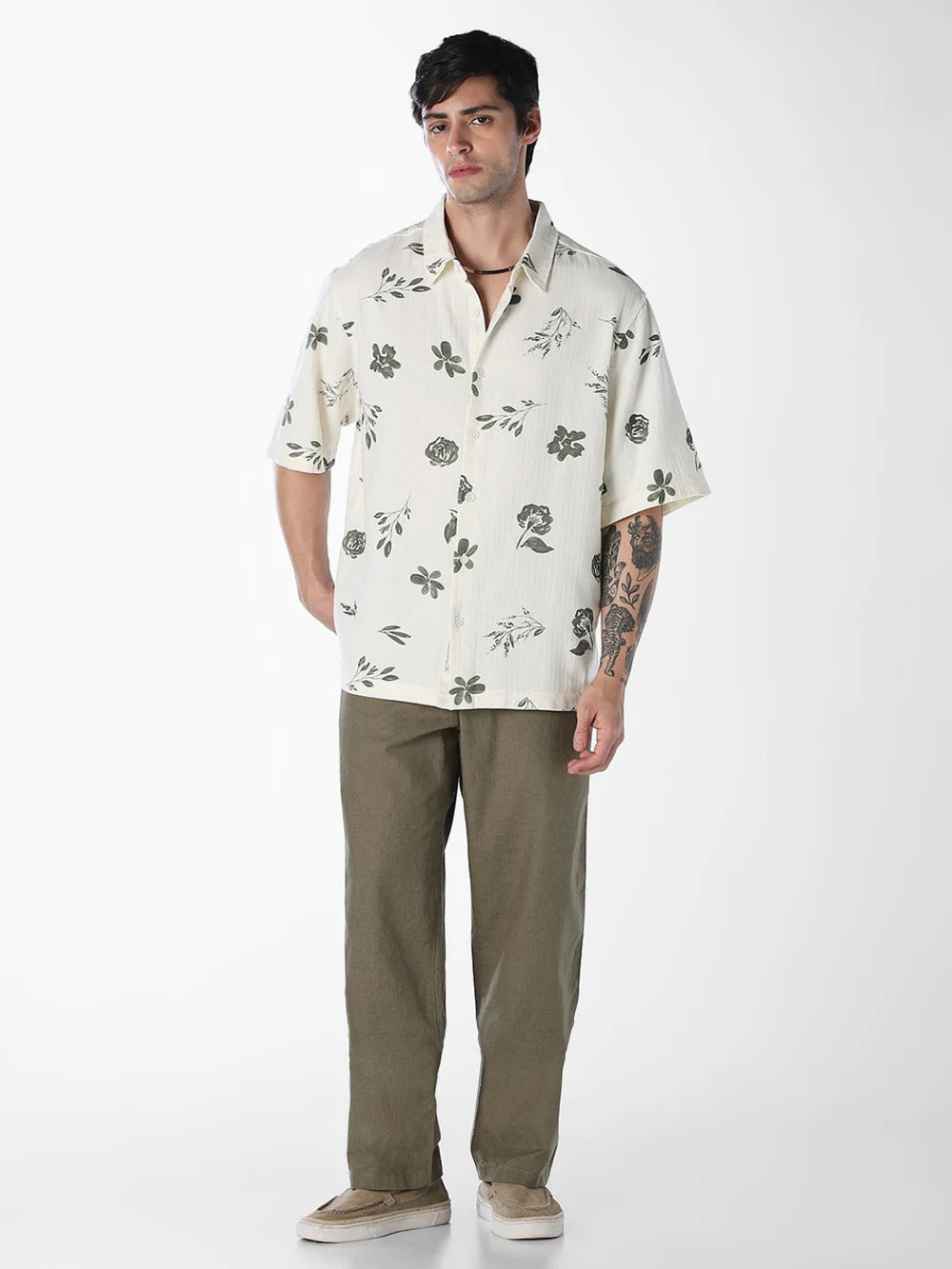 Flinky Premium Men's Minimal Floral Printed Half Sleeve Casual Shirt | Relaxed Fit | Soft Cotton Blend | Lightweight Summer Resort Wear