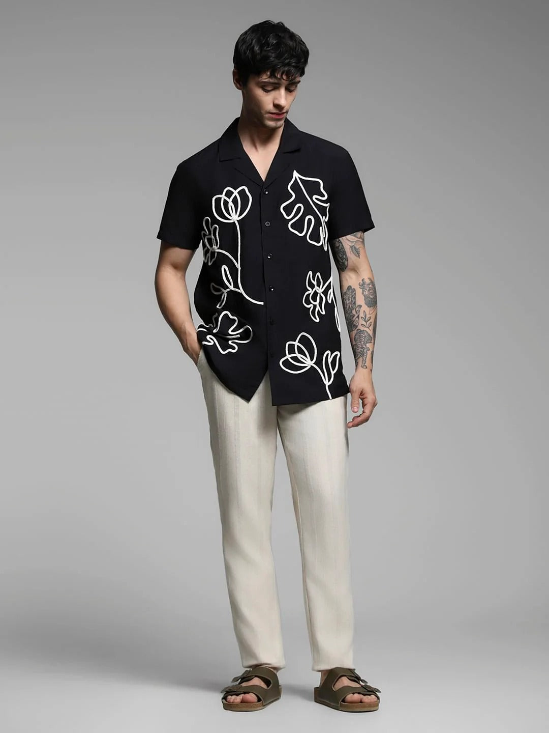 Flinky Premium Men's Minimal Abstract Floral Embroidered Cuban Collar Half Sleeve Casual Shirt | Relaxed Fit | Soft Cotton Blend | Resort & Summer Wear